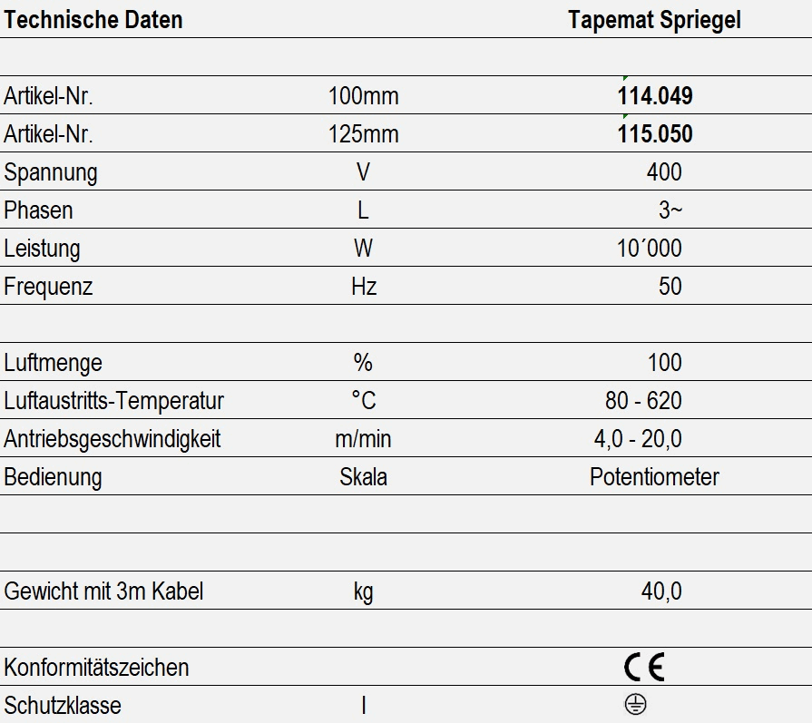 Technische Daten - Tapemat Spriegel