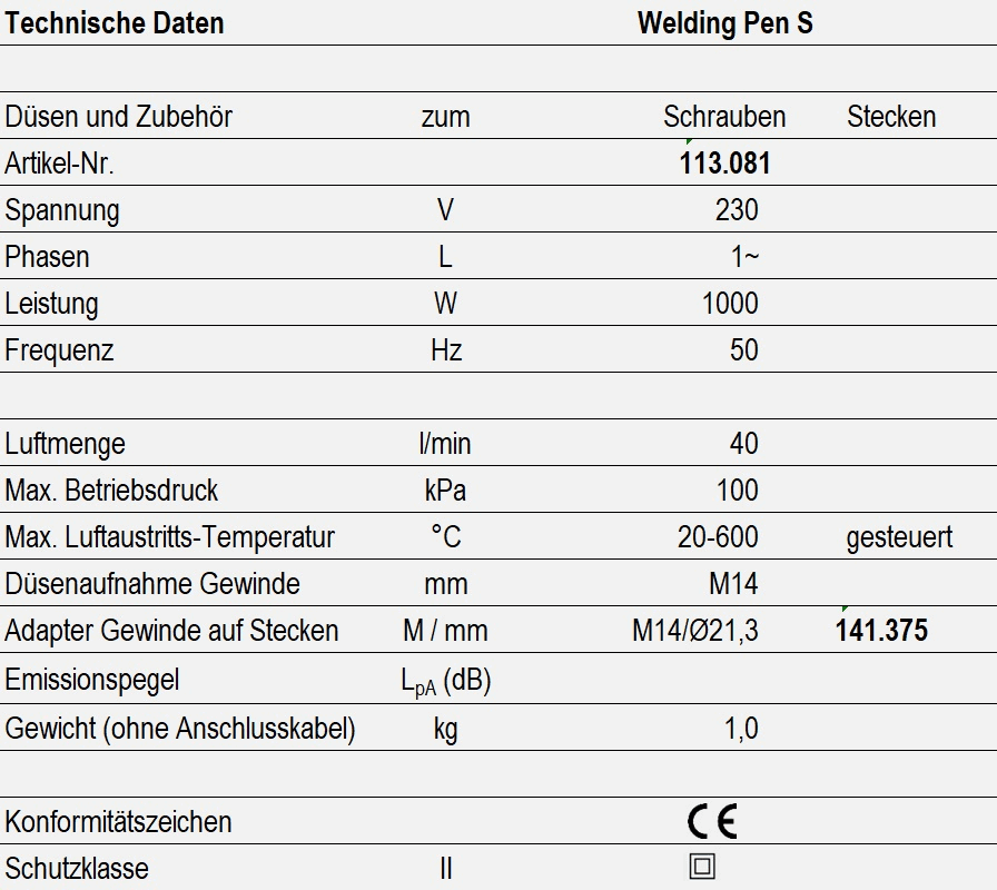 Technische Daten - Welding Pen S